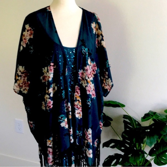Source Unknown Accessories - Elegant Holiday Floral Kimono Teal Wrap Shawl Only Final Sale